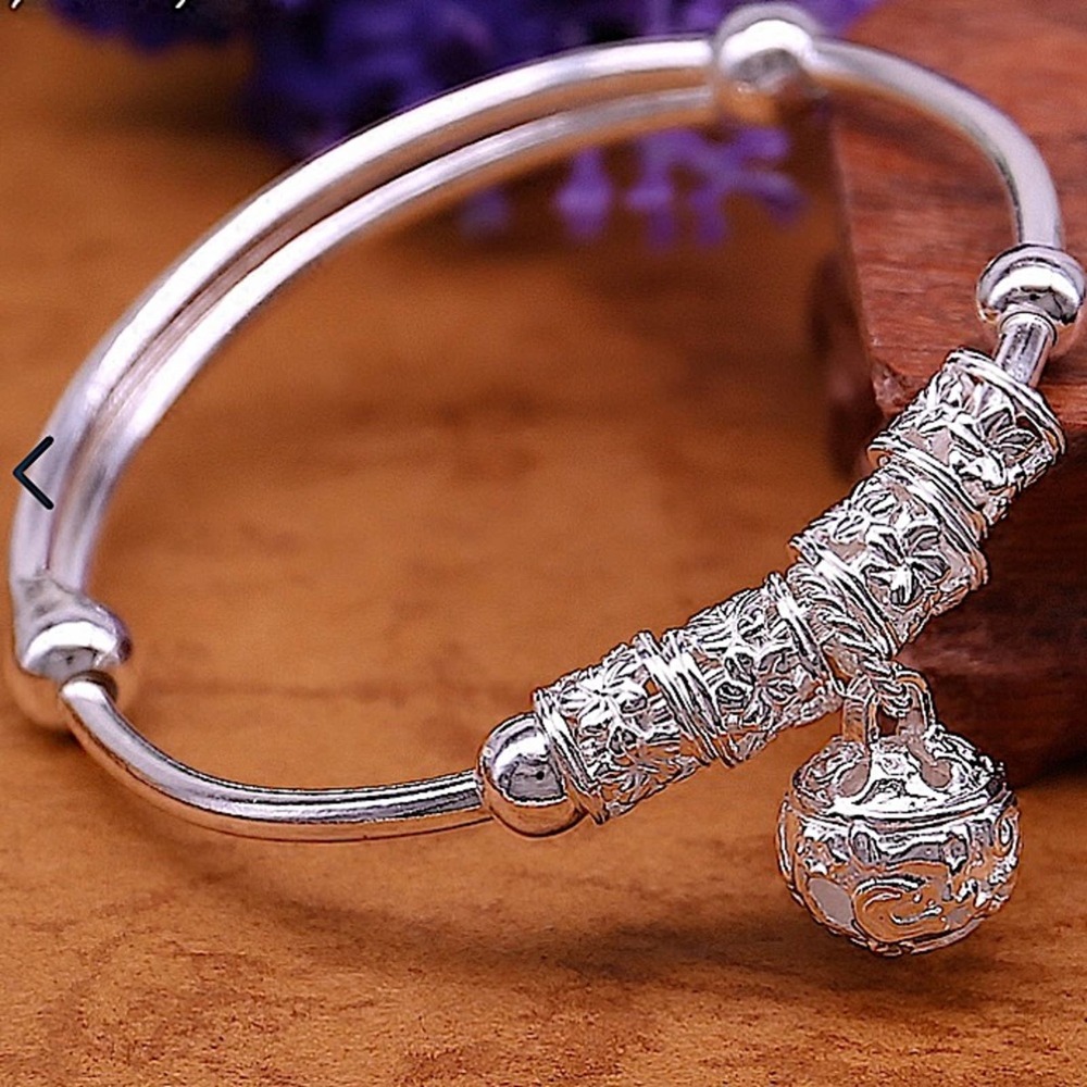 Boho Sterling Silver Resizable Ball Charm Bangle Bracelet - Picture 6 of 14